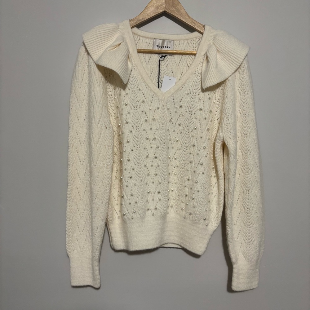 Industry Ivory V-Neck Sweater with Beaded Embellishments and Ruffles | Size XL